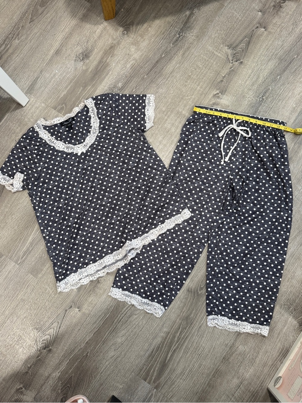Woman’s Gray Polka Dot Pajama Set with Lace Trim